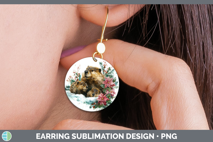Beaver Round Earrings Woodland Christmas Poinsettia Sublimat
