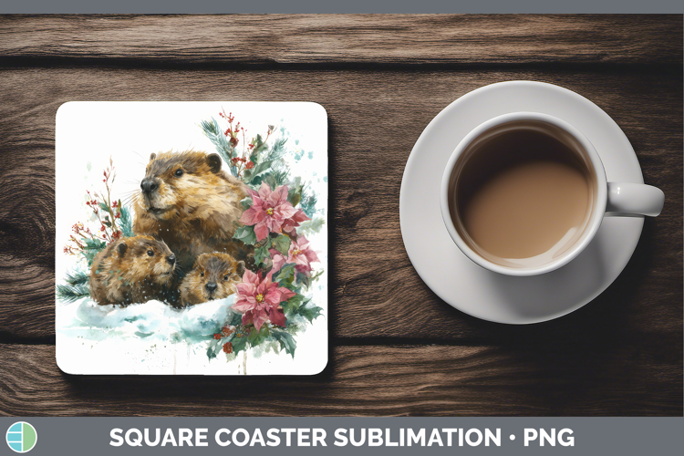 Beaver Square Coaster Woodland Christmas Poinsettia Sublimat