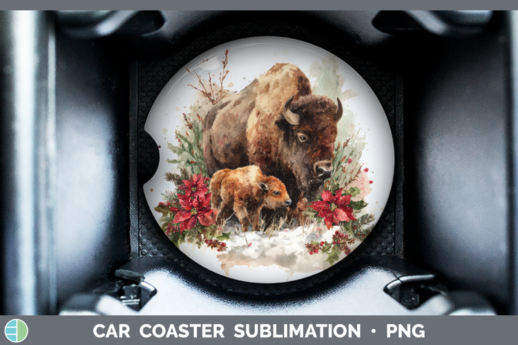 Bison Car Coaster Woodland Christmas Poinsettia Sublimation