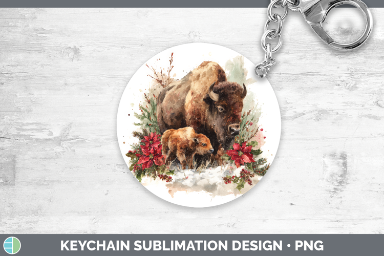 Bison Keychain Woodland Christmas Poinsettia Sublimation Key