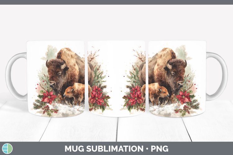 Bison Mug Wrap Woodland Christmas Poinsettia Sublimation Cof