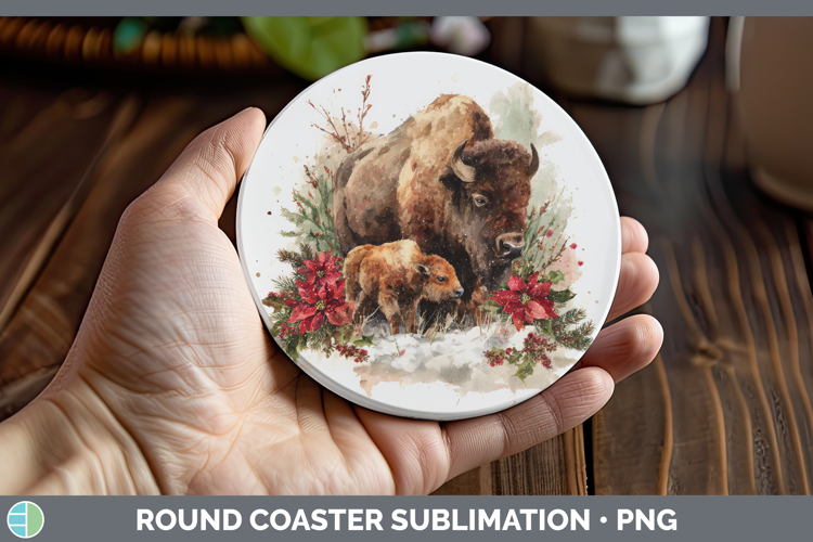 Bison Round Coaster Woodland Christmas Poinsettia Sublimatio