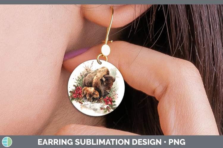 Bison Round Earrings Woodland Christmas Poinsettia Sublimati