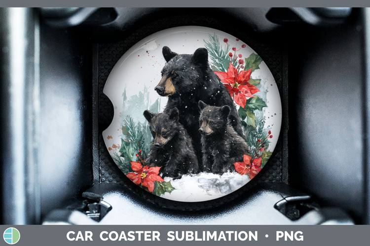 Black Bear Car Coaster Woodland Christmas Poinsettia Sublima