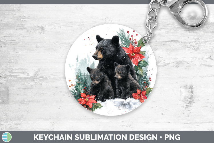 Black Bear Keychain Woodland Christmas Poinsettia Sublimatio
