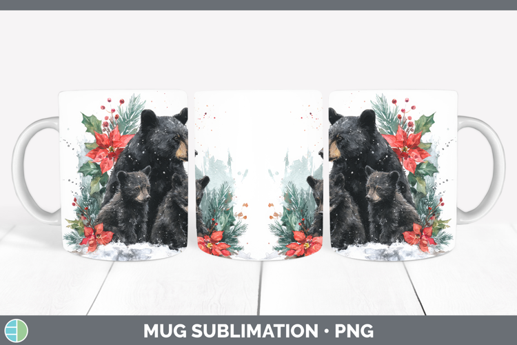 Black Bear Mug Wrap Woodland Christmas Poinsettia Sublimatio