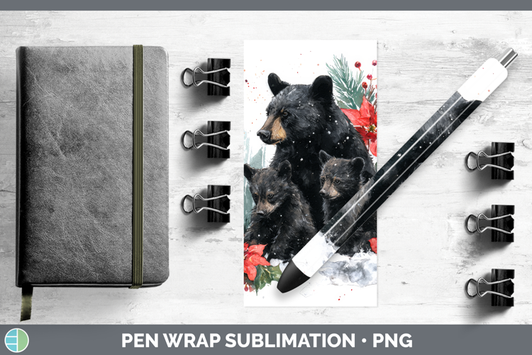 Black Bear Pen Wrap Woodland Christmas Poinsettia Sublimatio