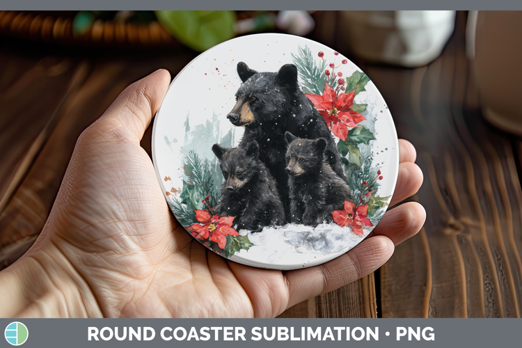 Black Bear Round Coaster Woodland Christmas Poinsettia Subli