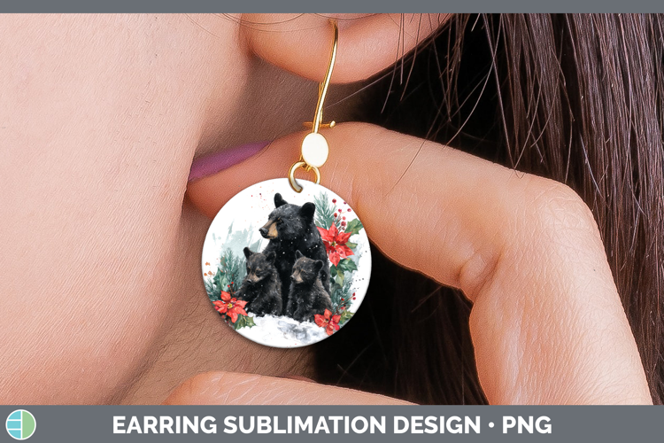 Black Bear Round Earrings Woodland Christmas Poinsettia Subl
