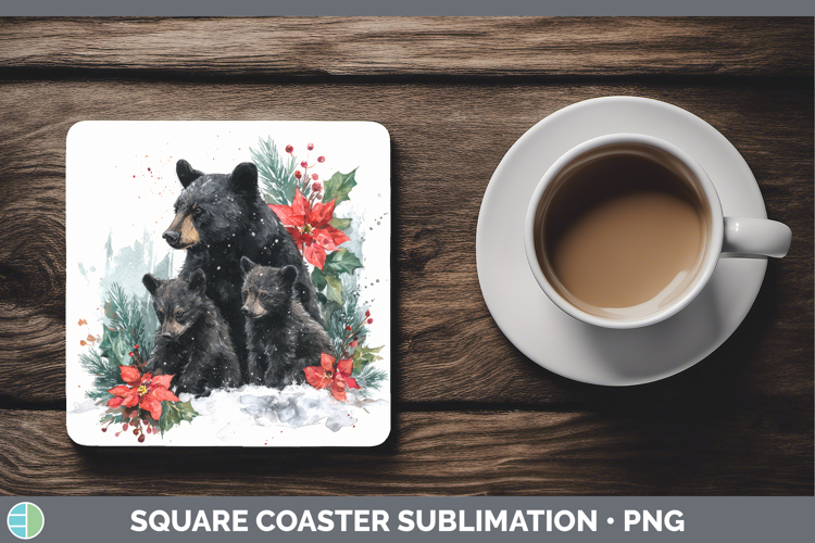 Black Bear Square Coaster Woodland Christmas Poinsettia Subl