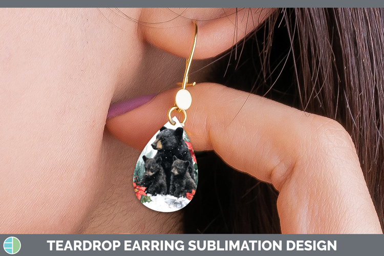 Black Bear Teardrop Earrings Woodland Christmas Poinsettia S