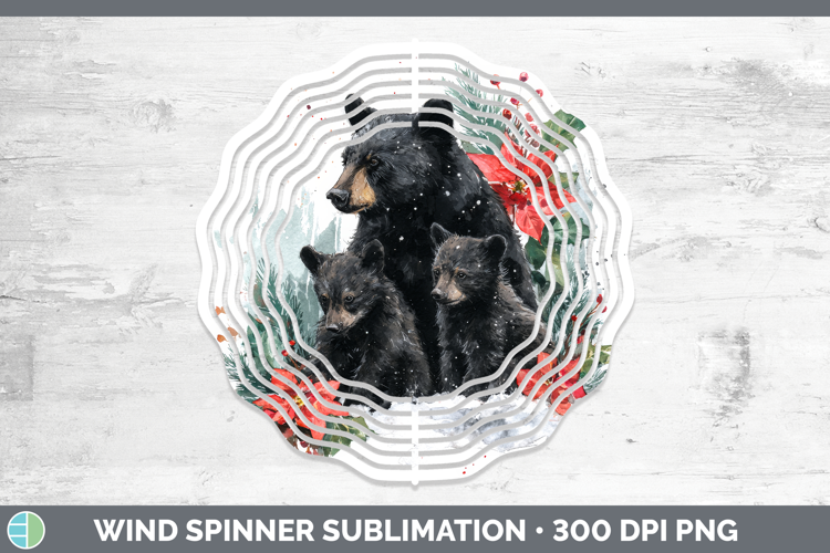 Black Bear Wind Spinner Woodland Christmas Poinsettia Sublim