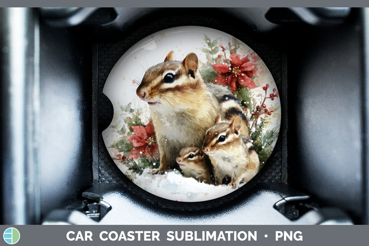 Chipmunk Car Coaster Woodland Christmas Poinsettia Sublimati