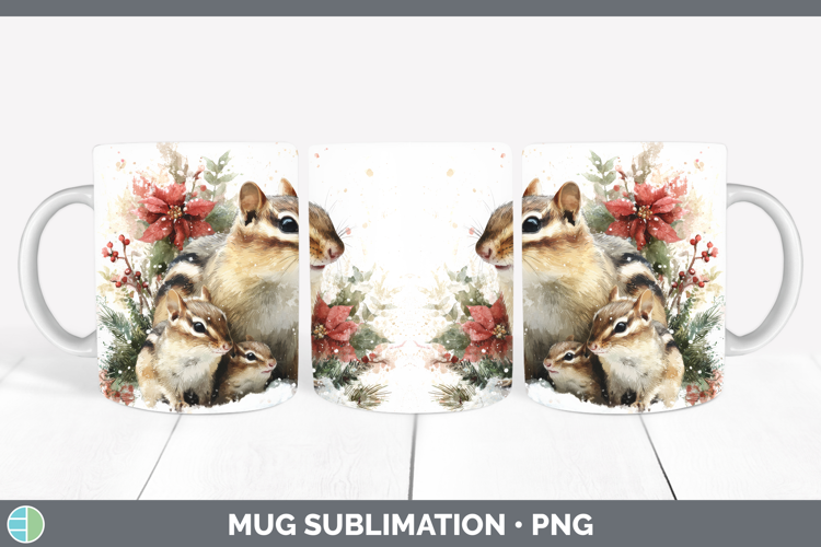 Chipmunk Mug Wrap Woodland Christmas Poinsettia Sublimation