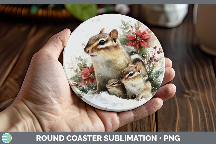 Chipmunk Round Coaster Woodland Christmas Poinsettia Sublima