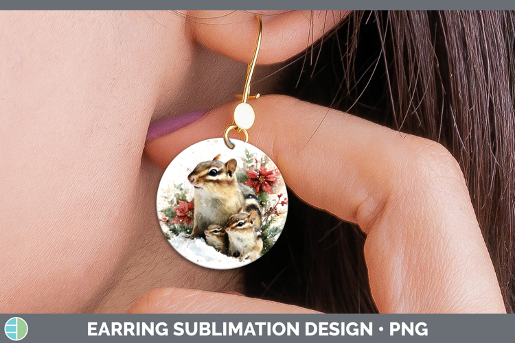 Chipmunk Round Earrings Woodland Christmas Poinsettia Sublim