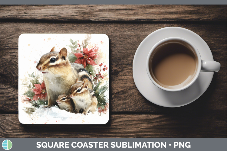 Chipmunk Square Coaster Woodland Christmas Poinsettia Sublim
