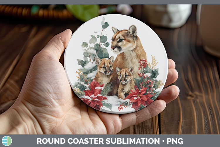Cougar Round Coaster Woodland Christmas Poinsettia Sublimati