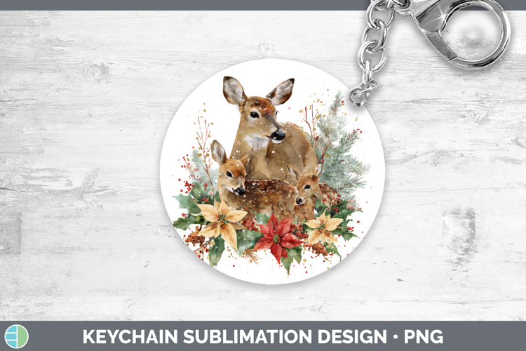 Deer Keychain Woodland Christmas Poinsettia Sublimation Keyr