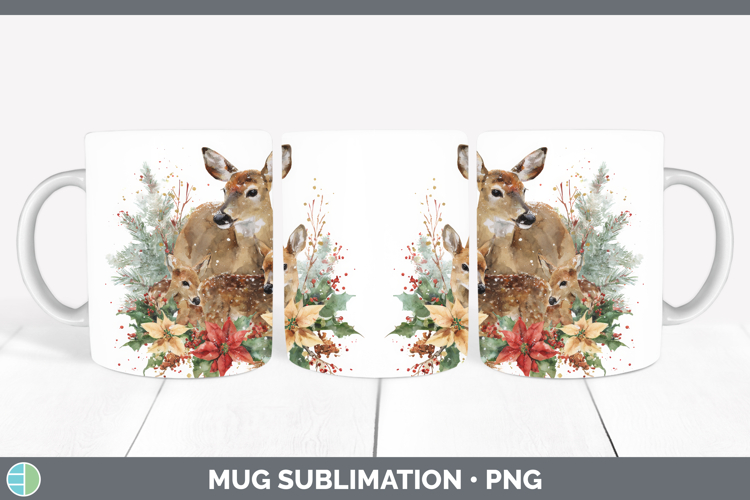 Deer Mug Wrap Woodland Christmas Poinsettia Sublimation Coff
