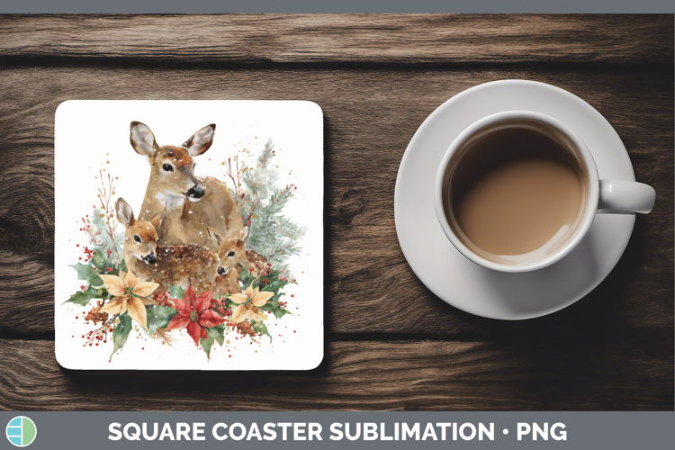 Deer Square Coaster Woodland Christmas Poinsettia Sublimatio