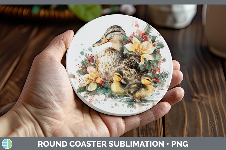 Duck Round Coaster Woodland Christmas Poinsettia Sublimation