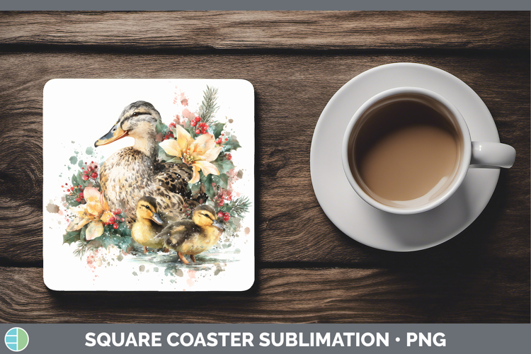 Duck Square Coaster Woodland Christmas Poinsettia Sublimatio