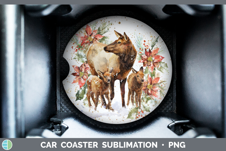 Elk Car Coaster Woodland Christmas Poinsettia Sublimation D