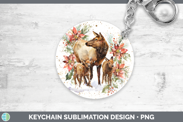 Elk Keychain Woodland Christmas Poinsettia Sublimation Keyri