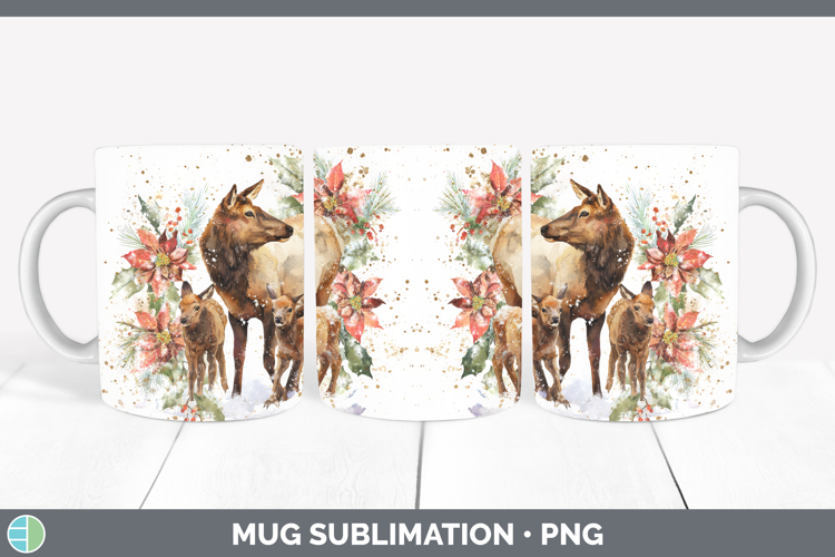 Elk Mug Wrap Woodland Christmas Poinsettia Sublimation Coffe