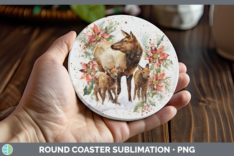 Elk Round Coaster Woodland Christmas Poinsettia Sublimation