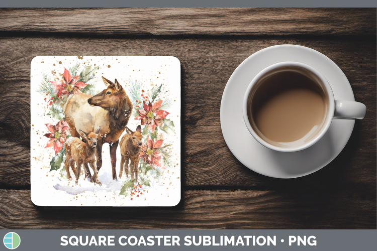 Elk Square Coaster Woodland Christmas Poinsettia Sublimation