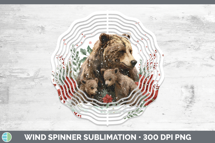 Grizzly Bear Wind Spinner Woodland Christmas Poinsettia Subl