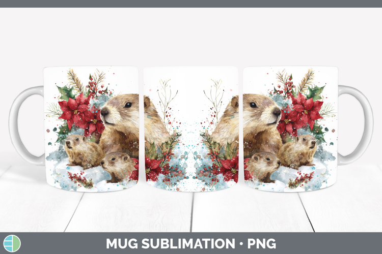 Groundhog Mug Wrap Woodland Christmas Poinsettia Sublimation