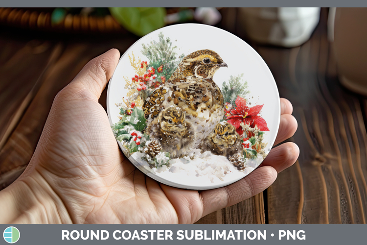 Grouse Round Coaster Woodland Christmas Poinsettia Sublimati