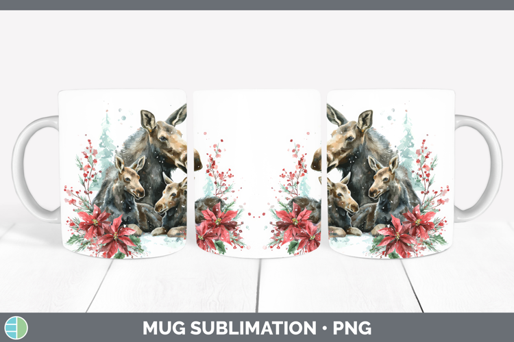 Moose Mug Wrap Woodland Christmas Poinsettia Sublimation Cof