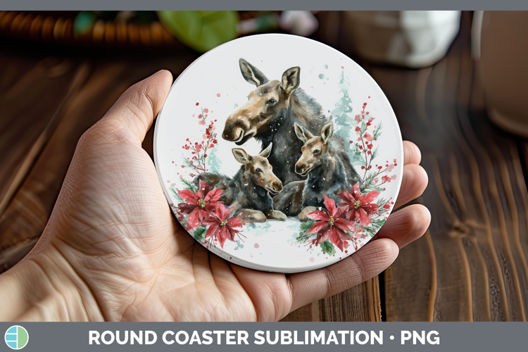 Moose Round Coaster Woodland Christmas Poinsettia Sublimatio