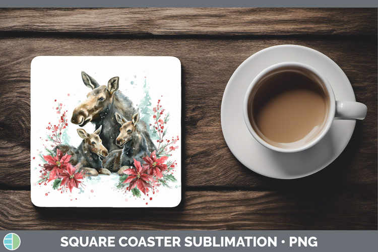 Moose Square Coaster Woodland Christmas Poinsettia Sublimati