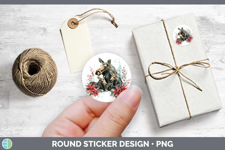 Woodland Christmas Poinsettia Moose Stickers | Round Labels