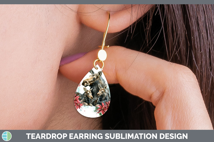 Moose Teardrop Earrings Woodland Christmas Poinsettia Sublim