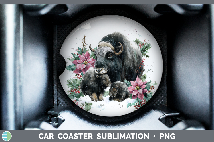 Musk Ox Car Coaster Woodland Christmas Poinsettia Sublimatio