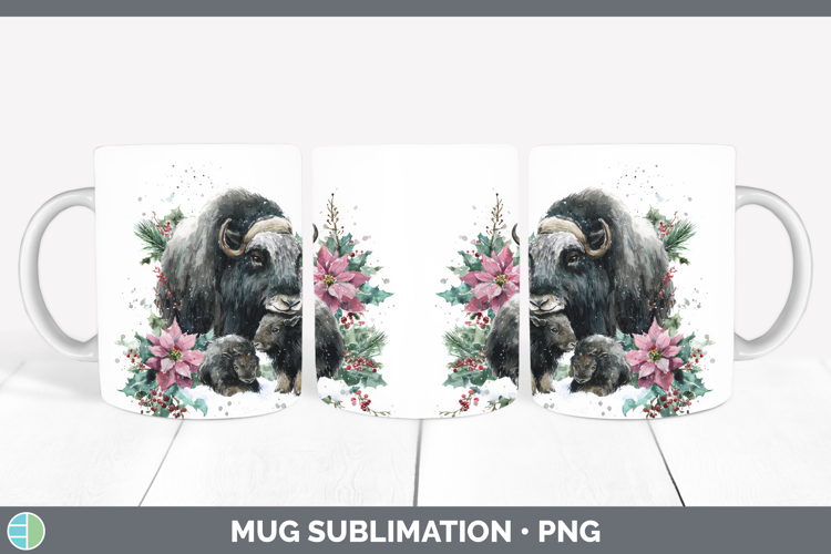 Musk Ox Mug Wrap Woodland Christmas Poinsettia Sublimation C