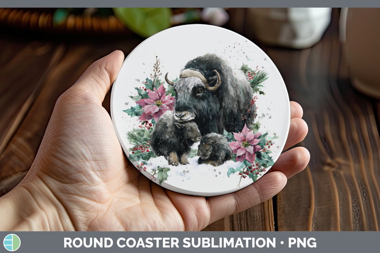 Musk Ox Round Coaster Woodland Christmas Poinsettia Sublimat