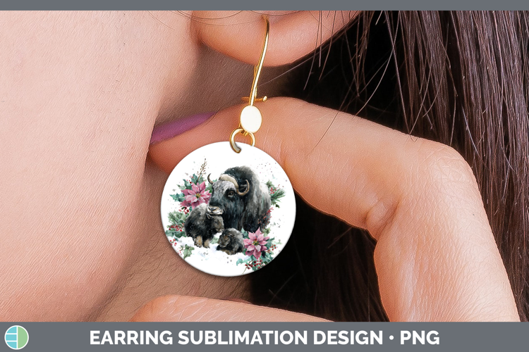Musk Ox Round Earrings Woodland Christmas Poinsettia Sublima
