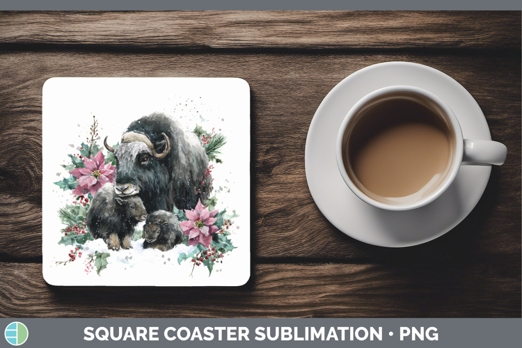 Musk Ox Square Coaster Woodland Christmas Poinsettia Sublima