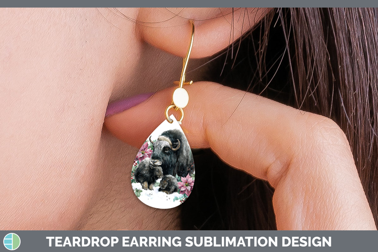 Musk Ox Teardrop Earrings Woodland Christmas Poinsettia Subl