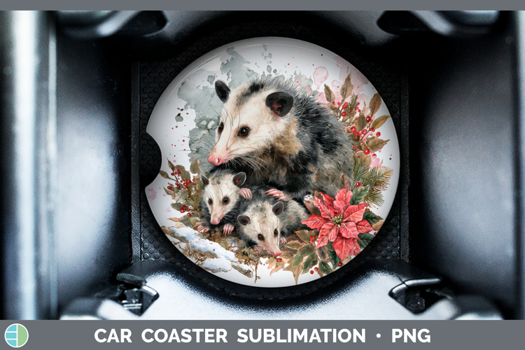 Opossum Car Coaster Woodland Christmas Poinsettia Sublimatio
