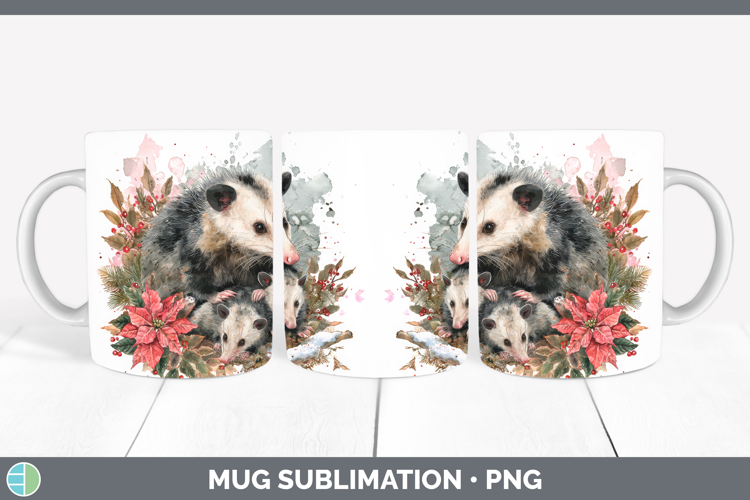 Opossum Mug Wrap Woodland Christmas Poinsettia Sublimation C