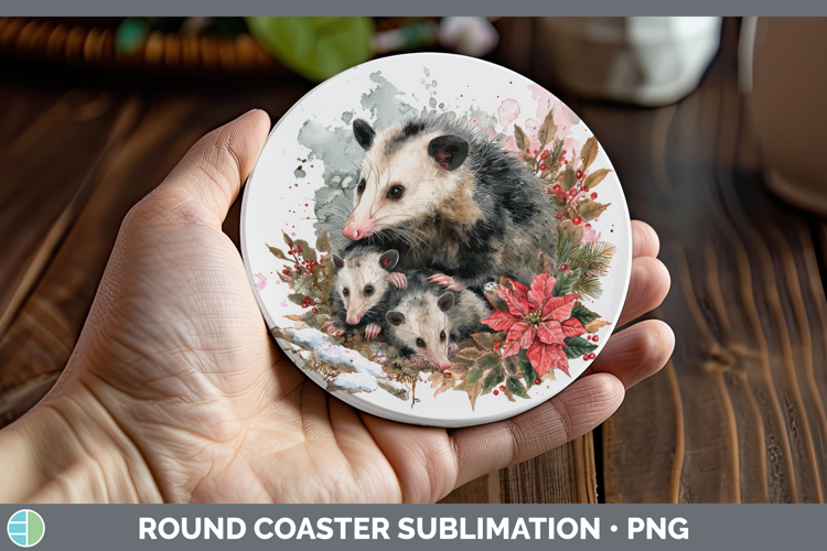 Opossum Round Coaster Woodland Christmas Poinsettia Sublimat