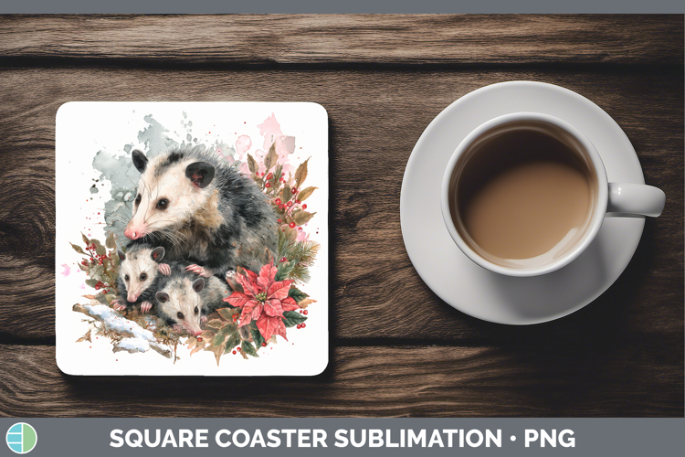 Opossum Square Coaster Woodland Christmas Poinsettia Sublima